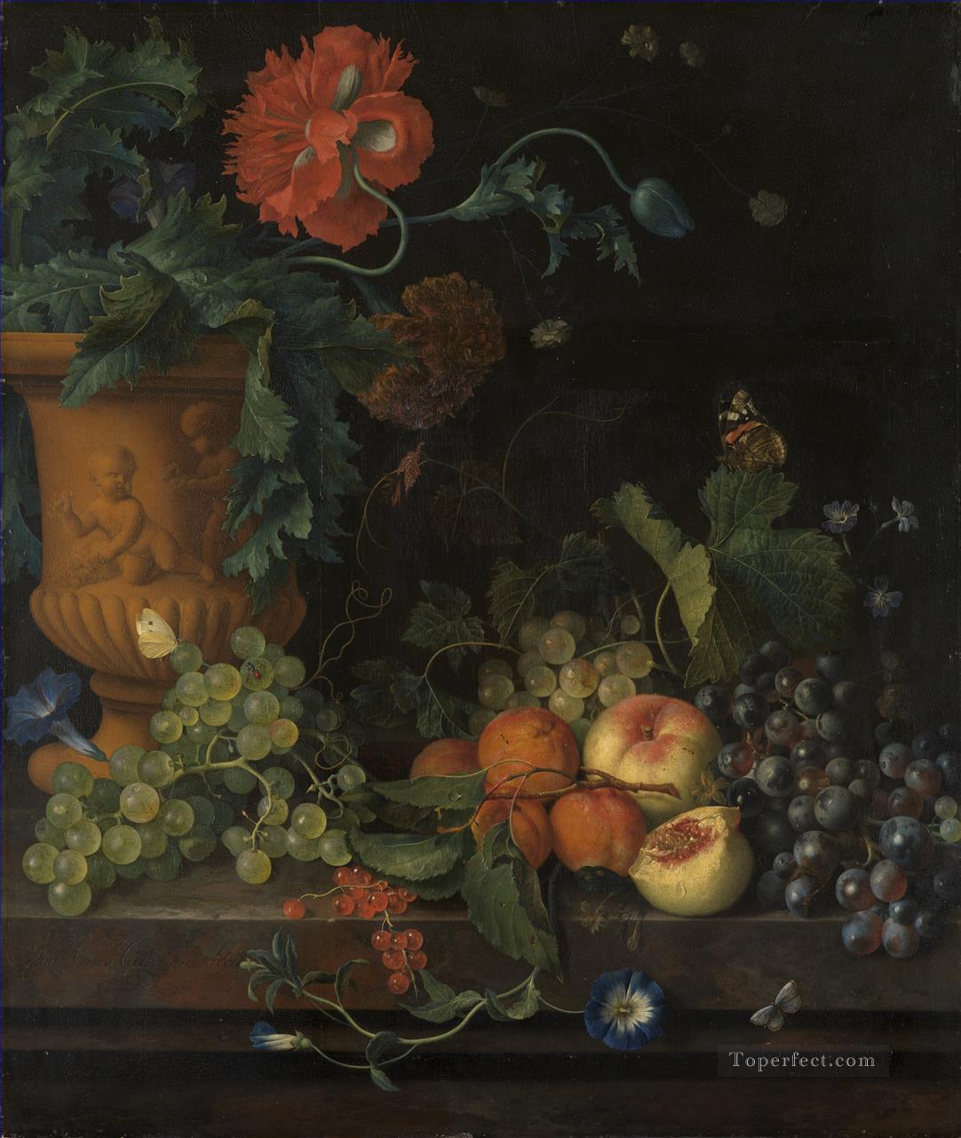 花と果物のテラコッタ花瓶 ヤン・ファン・ホイスム油絵